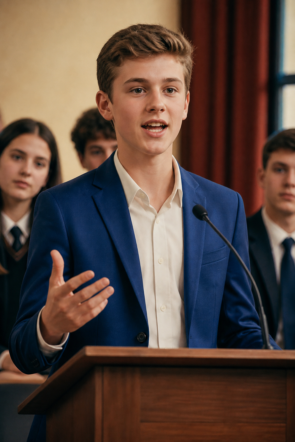 A white student speaking confidently at a school lectern