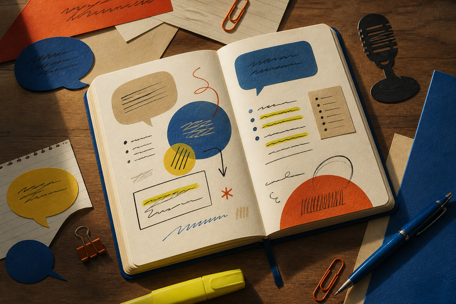 An open notebook with colourful speech notes, a pen and a microphone